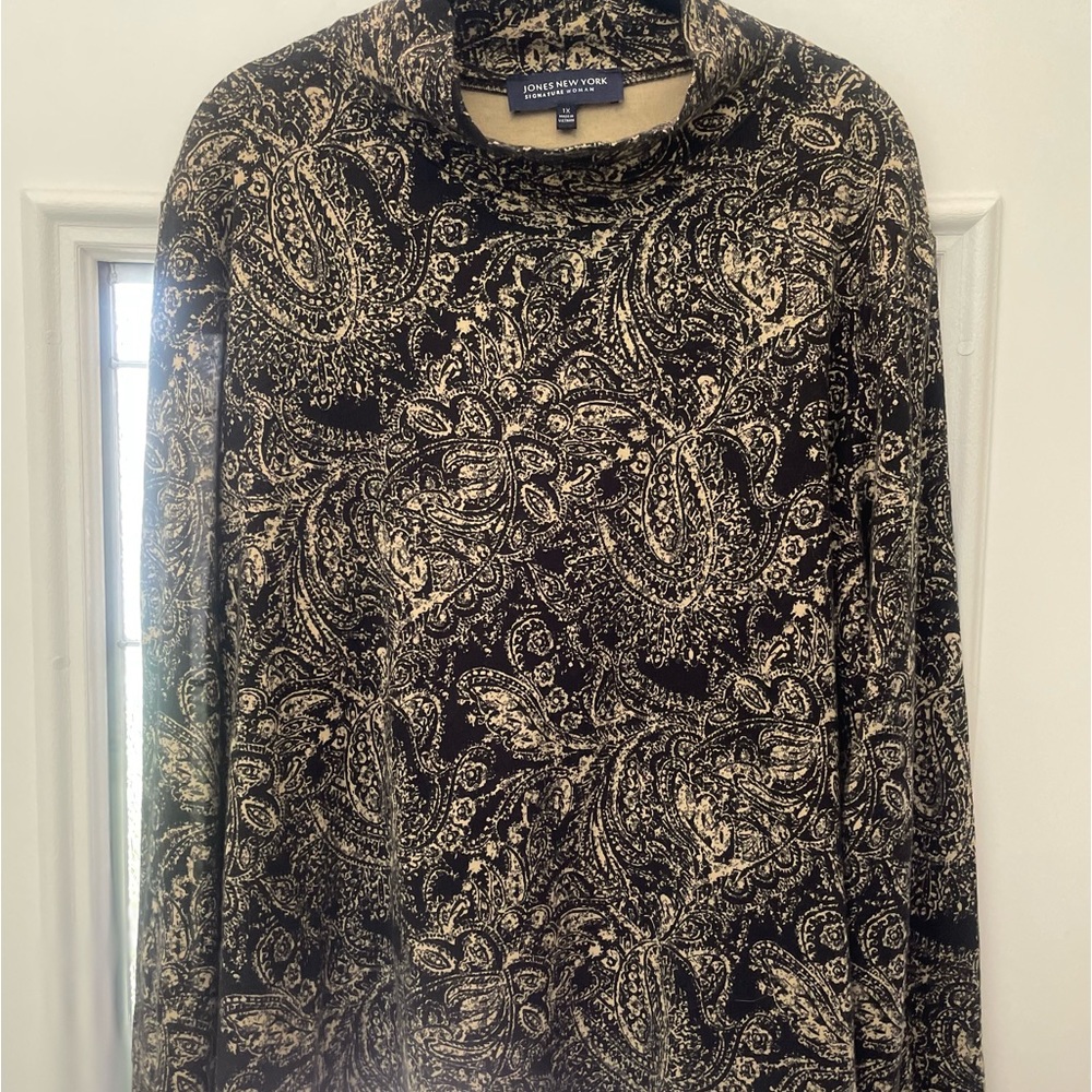 Jones New York Black & Tan Paisley Soft Knit Mock Turtleneck Sweater 1X